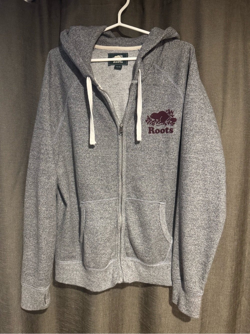 Roots Women's Heather Gray Full-Zip Hoodie with Burgundy Logo
